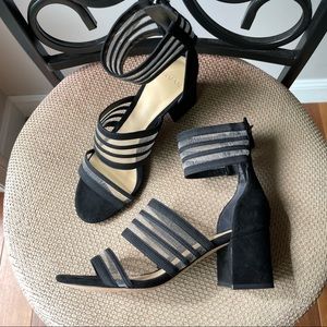 New Alexandre Birman Italian mesh suede strip open toe block heel sandals